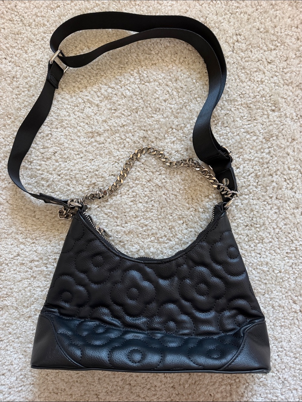 Black Quilted Floral Crossbody Bag with Chain Strap